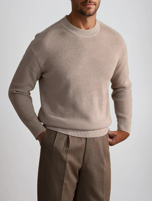 Geribde O-hals Trui Beige